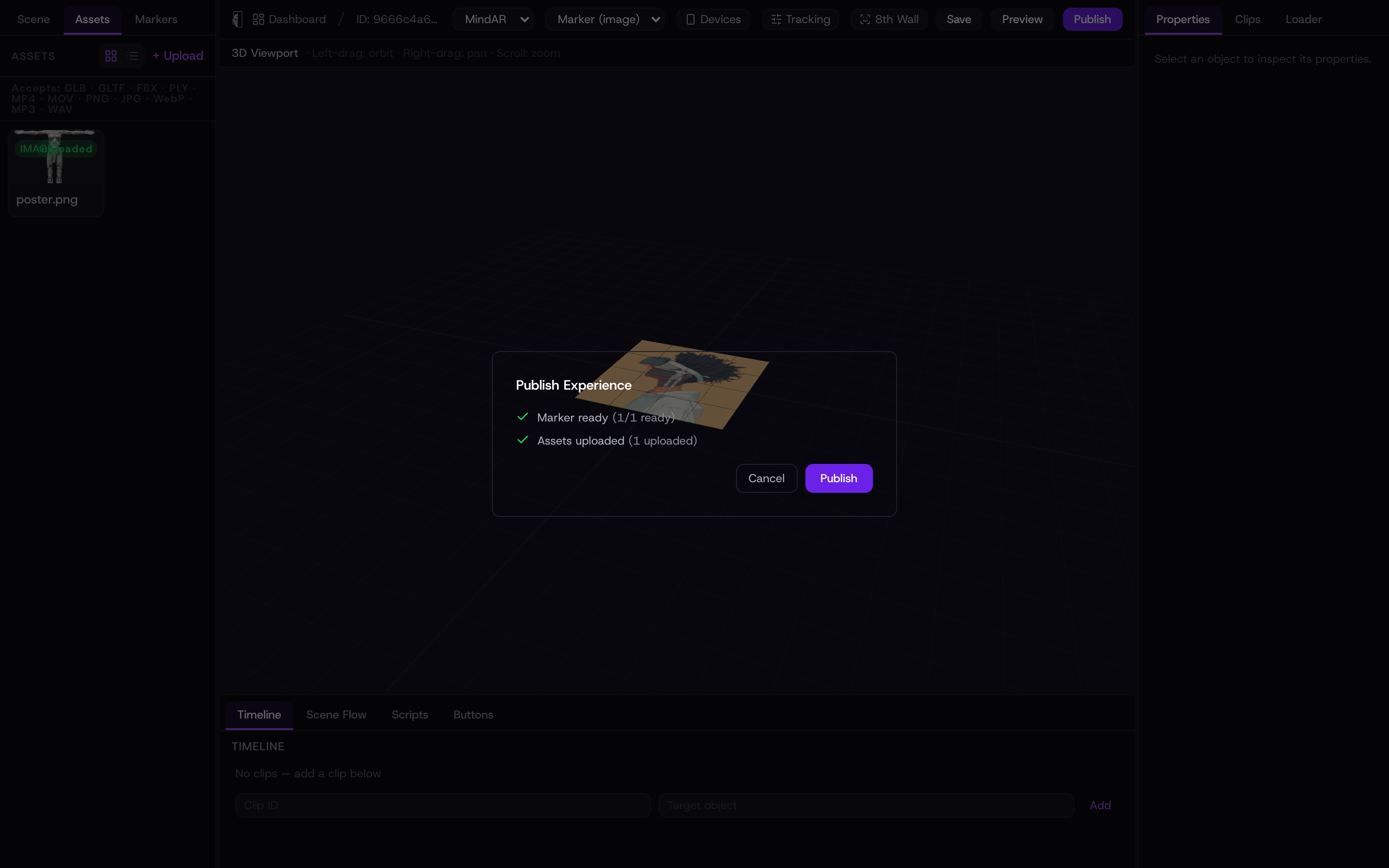 The Publish Experience dialog showing the marker-ready and assets-uploaded checklist