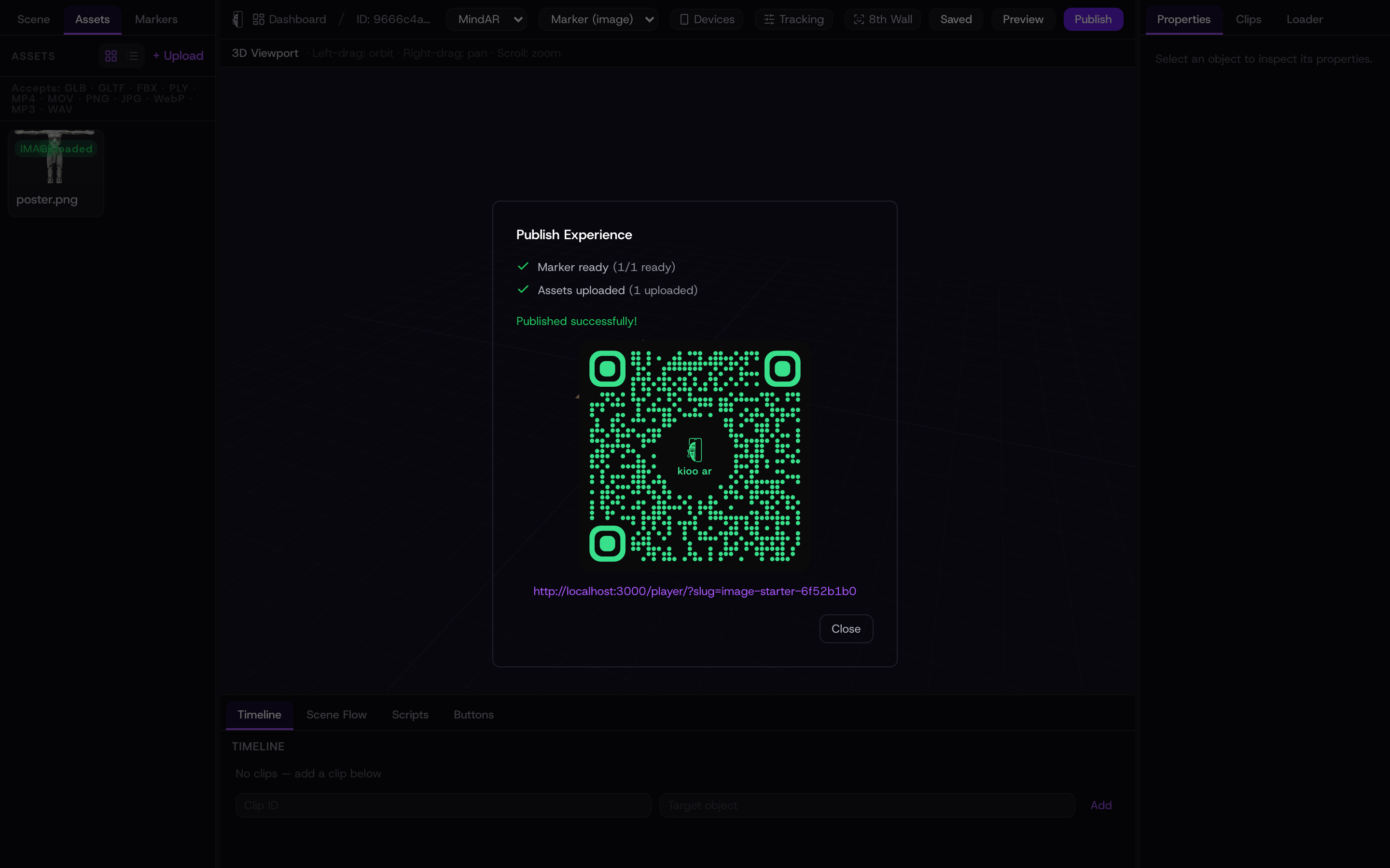 The publish success view showing the branded QR code and the shareable player link